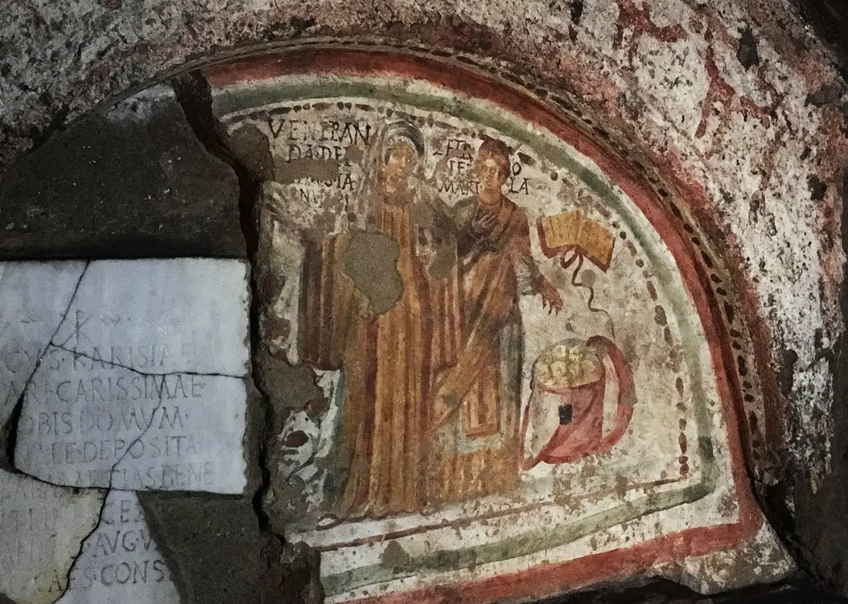 Veneranda y Petronila fresco en las Catacumbas de Domitila