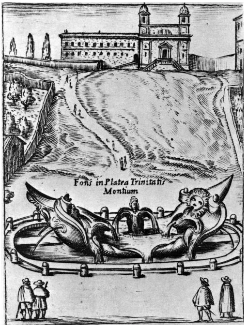 La fuente de la Barcaccia en el Ritratto di Roma moderna de Pompilio Totti (1638)